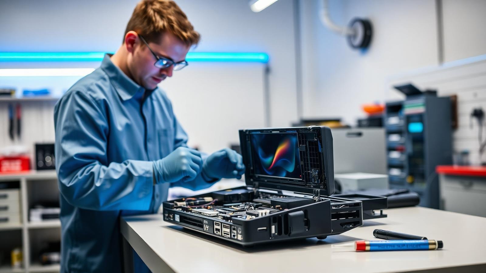 Técnico realizando manutenção em um console de videogame